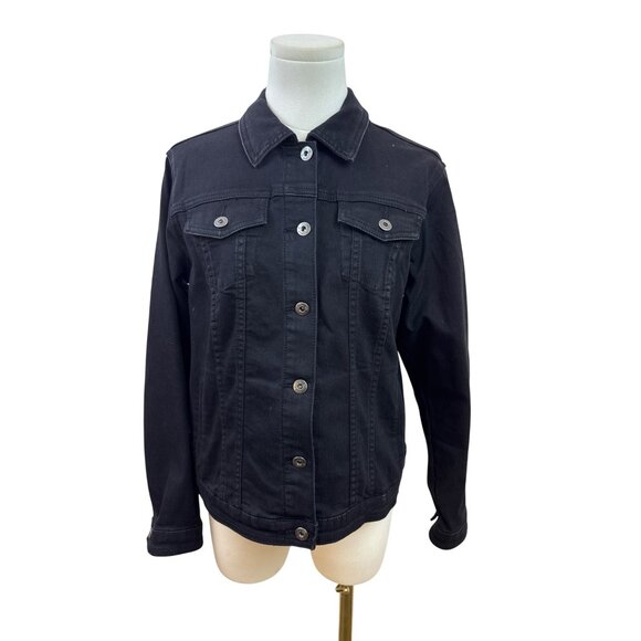 Black Denim Jacket W/ Floral Embroidery On Back Button Closure Long Sleeves Sz S - Picture 1 of 9